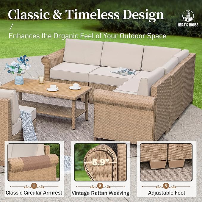HERA'S HOUSE Patio Furniture Set, All Weather 7 Seats Outdoor Sectional Wicker Sofa with 44" Coffee Table, 5.5" Thick Waterproof Cushion 8 Piece Modular Conversation Set for Garden Deck Backyard
