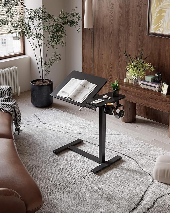 YIHAYO Adjustable Overbed Bedside Table with Wheels, 28 x 16 Inches Electric Mobile Standing Desk, Laptop Desk, Movable Overbed Tables Hospital Home Use, Black