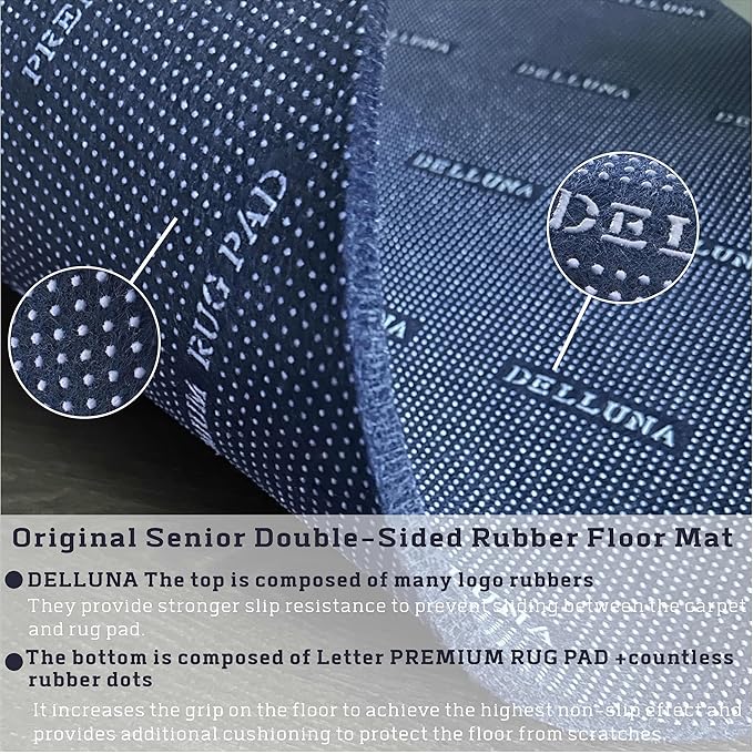 DELLUNA Non-Slip Area Rug Pad 1/8" Thick Double Side Rubber + Felt, 8'x10' Premium Deluxe Cushioned- Safe for All Floors, Adds Comfort and Protection, Ultra Strong Grip, Stop Rug from Moving.