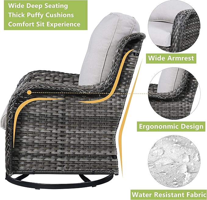 Rilyson Wicker Rocking Chair Swivel Chairs – 6 Piece Rocker Patio Furniture Set Rattan Rocking Bistro Sets with Glass Top Side Table for Outdoor Porch Deck Garden Backyard(Mixed Grey/Beige)
