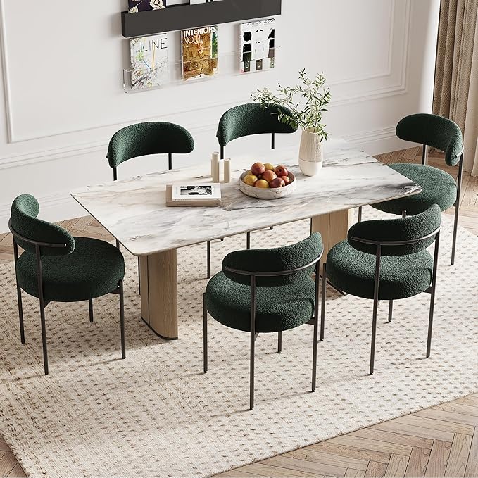 Farini Dining Chairs Set of 4,Mid-Century Modern Kitchen Chair Curved Backrest Round Upholstered Sherpa Dining Chairs with Metal Legs,Green