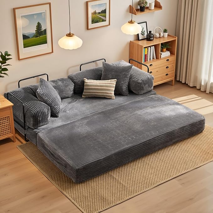 4-in-1 Folding Sofa Bed, 78" Oversized Corduroy Sleeper Chair, Convertible Loveseat to Floor Bed with Storage Pockets, Boneless Design for Living Room, Bedroom & Small Spaces