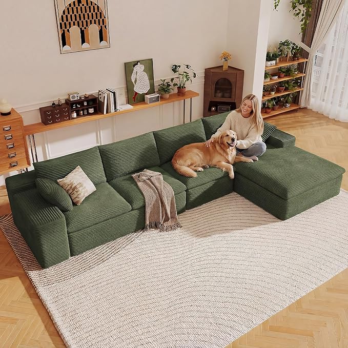 136" Cloud Sectional Couch with L-Shape Chaise, Modern Corduroy Viral Boneless Sofa for Living Room,Memory Foam Couches in a Box with Deep Seat,No Assembly Required (Green,Right-Facing Chaise)