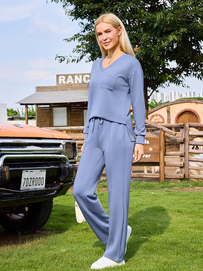difficort Women's 2 Piece Lounge Sets Casual Travel Airport Outfits Side Slit V-Neck Tops & Wide Leg Pants Matching Set