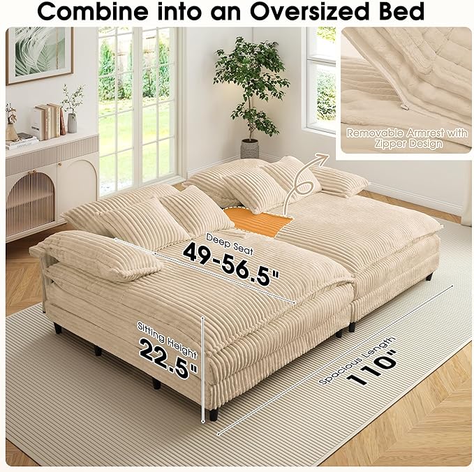 54.8" W Oversized Chaise Lounge Chair Indoor with 5-Position Adjustable Backrest, Corduroy Sleeper Sofa Bed with 3 Pillows, Modern Cloud Couch Chair for Living Room, Bedroom, Khaki