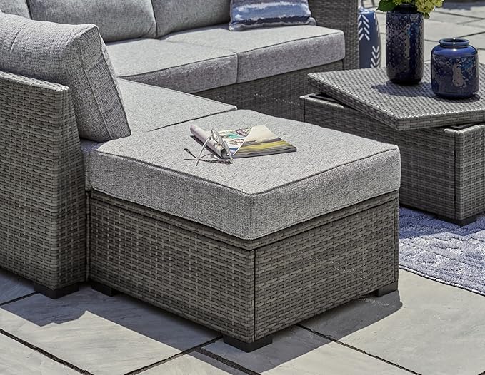 Signature Design by Ashley Petal Road Casual Nuvella Weather Resistant Fabric, Cushioned Outdoor Loveseat Sectional/Ottoman/Table Set with 2 Throw Pillows, Set of 4, Gray