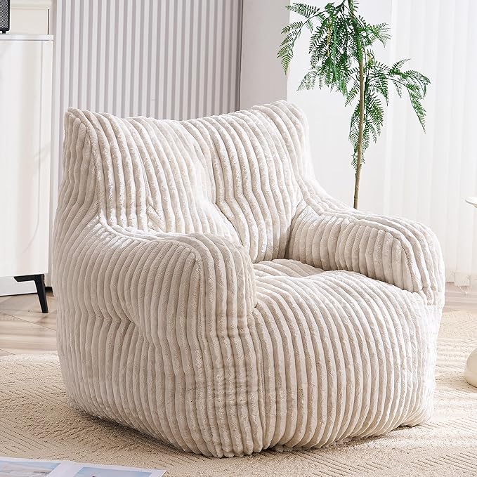 GDFStudio 37" Bean Bag Chair Oversize Bean Bag Lazy Floor Sofa with Back Support Comfy Corduroy Memory Foam Chair with Armrest for Living Room Bedroom, Beige