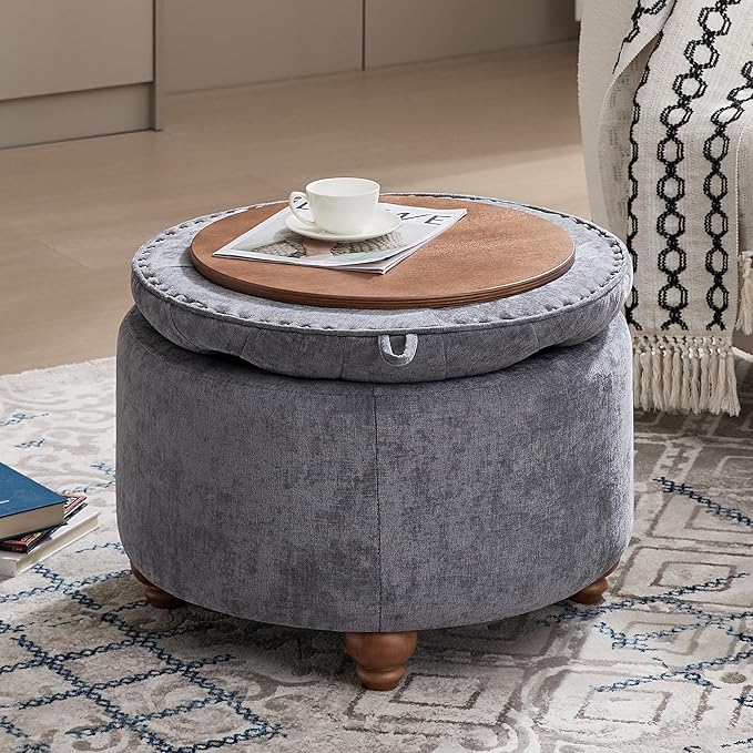 WUTUTUEE 24Inch Round Storage Ottoman with Tray, Modern Tufted Circle Coffee Table with Storage, Upholstered Ottoman with Removable Top for Living Room, Bedroom, Chenille Blue