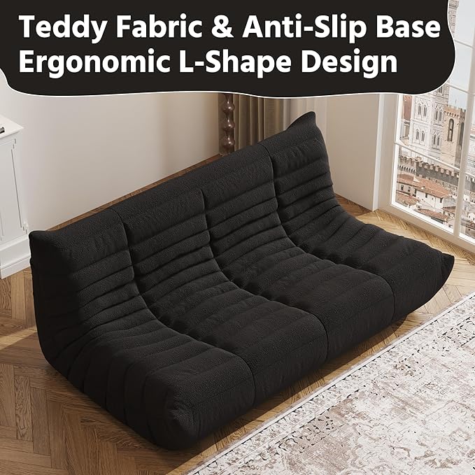 Bean Bag Chair, Fireside Chair, Large Bean Bag Chair for Adults, Bean Bag Chairs for Teens with High-Resilience Foam, Non-Slip Base Floor Lounge Sofa,Living Room (Black, 3-Seater)