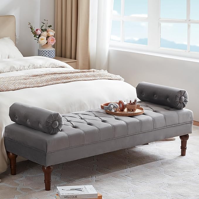 60.2" End of Bed Bench,Large Size Velvet Bench for Bedroom,Upholstered Window Bench with Button-Tufted,Entryway Bench,Storage Bench for Living Room(Gray)