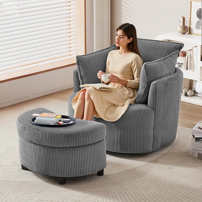 Chorlenimi Swivel Accent Chair Round Barrel Armchair Upholstered Living Room Chair Corduroy Reading Chair Single Sofa Chair for Bedroom Apartment Office (Grey, Standard 1Seater+ Ottoman)