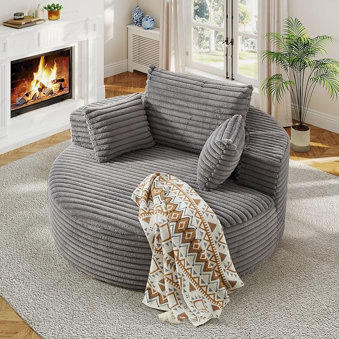 55"W Oversized Round Chair Lounge Chaise Indoor, Upholstered Comfy Circle Sofa Armchair, Modern Cozy Boneless Foam Floor Reading Chair for Living Room, Bedroom, No Assembly Required(Corduroy, Grey)