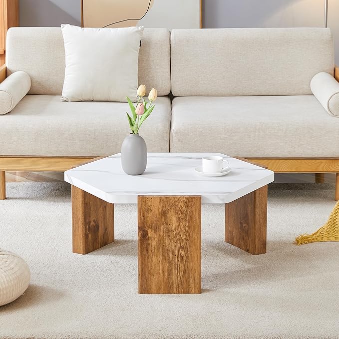 31" Modern-Style Hexagonal Coffee Table with White Marble Surface