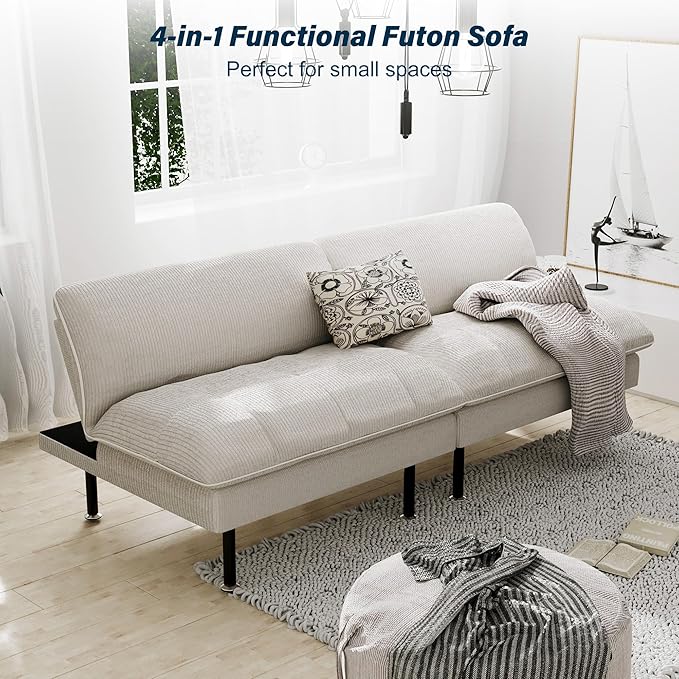 3 Sets 70" Futon Sofa Bed, 4 in 1 Multi-Function Couch Sleeper with Adjustable Backrest, Modern Convertible Futon, Recliner Small Loveseat for Living Room, Beige