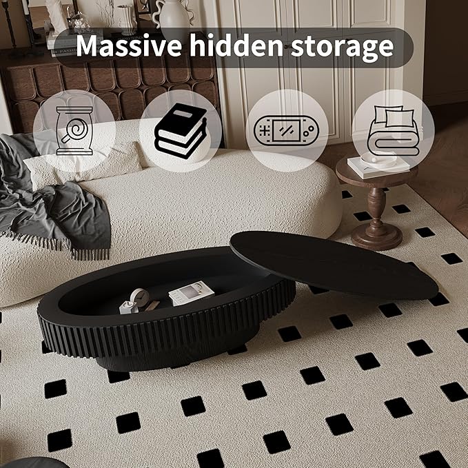 Oval Coffee Table for Living Room Modern Wood Center Tables with Storage Drum Tea Cocktail Fluted Mid Century Apartment Easy Assemble, Black 31.5" D x 47.2" W x14.2 H