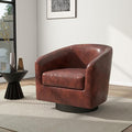Swivel Barrel Chair, Modern Round PU Leather Accent Armchair for Living Room, Bedroom, Oversized Comfy Club Reading Chairs for Adults (Leather Red Brown, Set of 1)