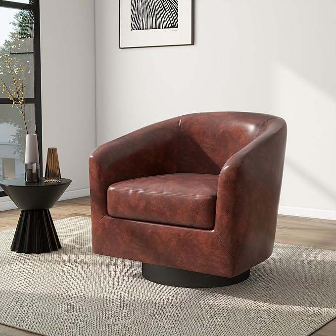 Swivel Barrel Chair, Modern Round PU Leather Accent Armchair for Living Room, Bedroom, Oversized Comfy Club Reading Chairs for Adults (Leather Red Brown, Set of 1)