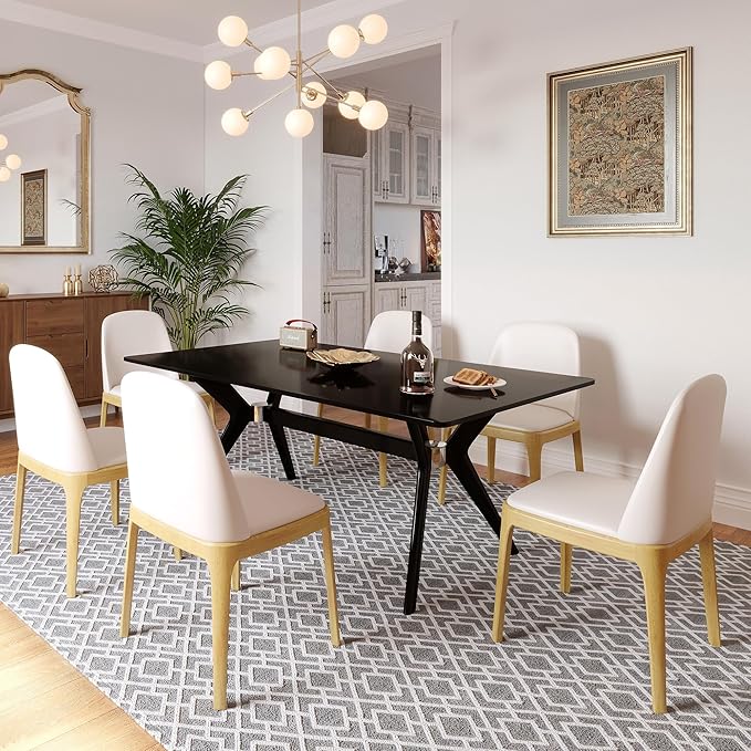 Beige Upholstered backrest Wooden Dining Chairs Set of 6, Beige Upholstered Faux leather Dining Room Chair,SolidWood Frame wood color Side Chairs with Quiet Non-Slip Round Mat for Farmhouse Kitchen