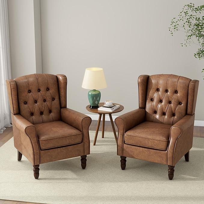 DREAMSIDEA Accent Chair, Upholstered Armchair with Button Tufted High Back & Solid Wood Legs, Comfy Wingback Reading Single Sofa Chair for Small Spaces, Living Room, Bedroom (Leather Brown, Set of 2)