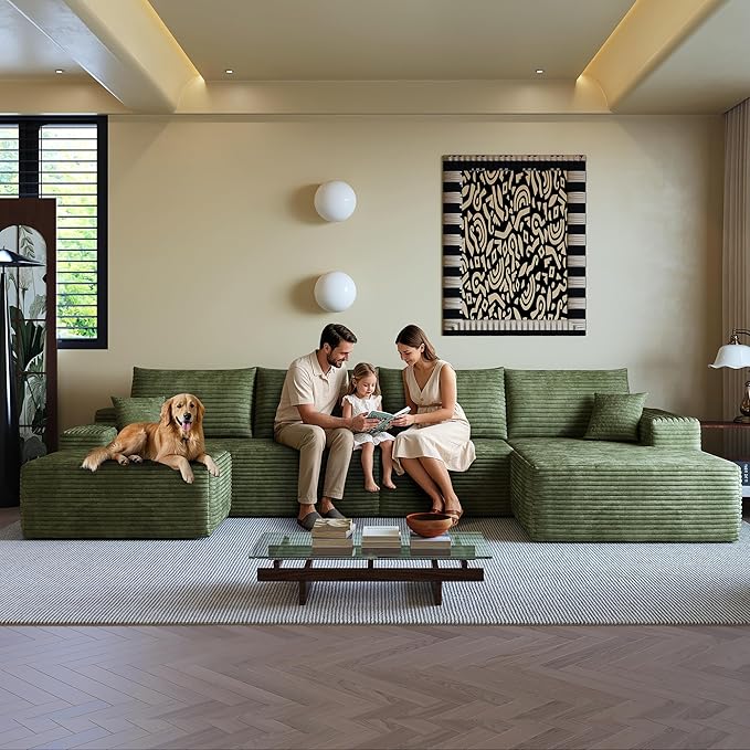 AUGOP 136" Sectional Couches for Living Room Modern Modular Sofa with L-Shape Couchs Upholstered Boneless Couch Deep Seat Sectional Couch with Chaise (Green, Right Facing Chaise+3Seaters+Ottoman)
