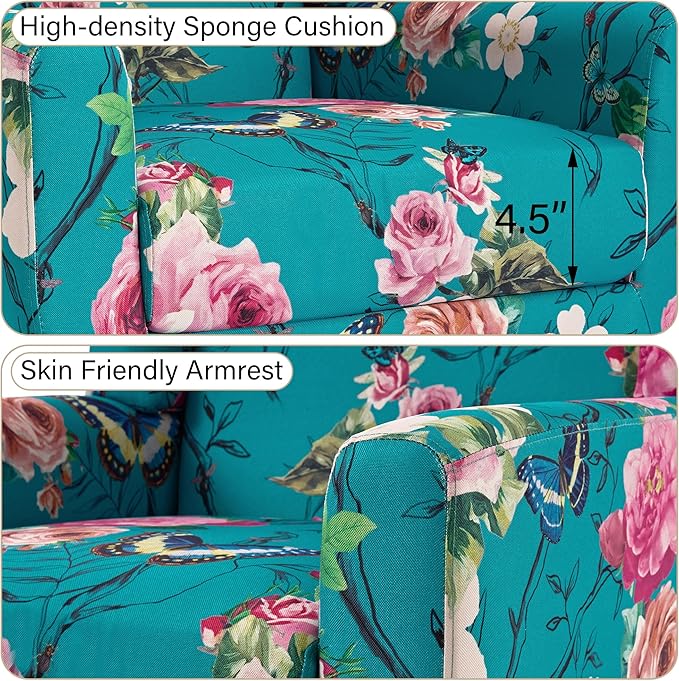 DREAMSIDEA Accent Chair, Modern Linen Blend Arm Chair for Living Room, Bedroom, Comfy High-Resilient Sponge Reading Chair for Small Spaces (Pattern Floral Blue, Set of 1)