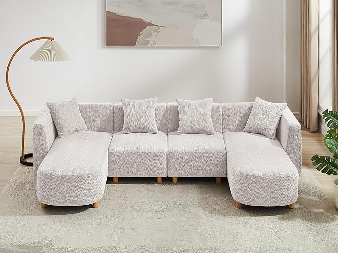 VANOMi 113" Sectional Sofa with 4 Pillows, U-Shaped 4-Seater Comfy Boucle Cloud Couch, Modern Double Chaises Lounge Sofas for Living Room, Office, Apartment (Light Khaki-U)