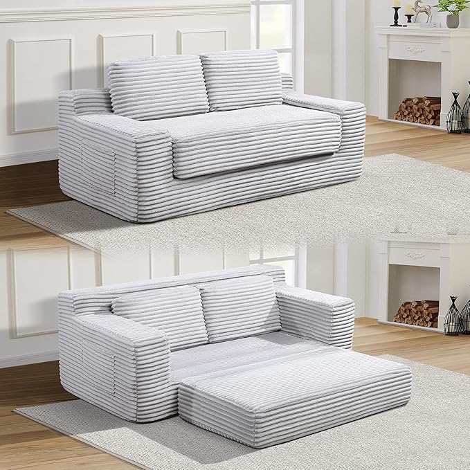 Loveseat Cloud Boneless Couch, Upholstered Floor Sofa with Armrests, 2-in-1 Convertible Corduroy Couch Bed for Living Room, Apartment, Grey