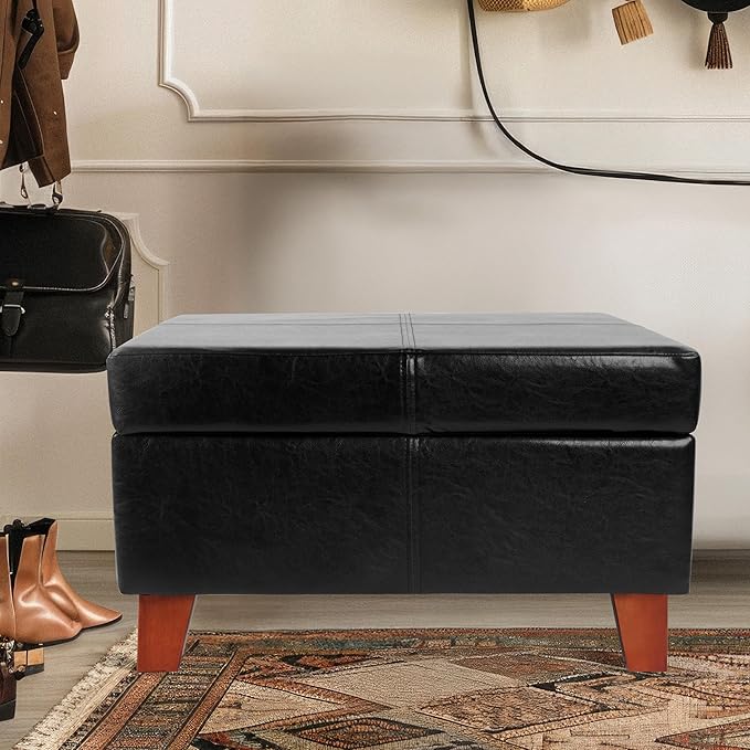 HomePop Faux Leather Square Storage Ottoman with Wood Legs, Black