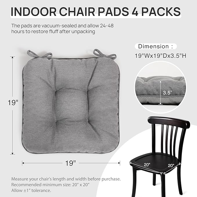 Love's cabin Memory Foam Chair Cushions Set of 4, Outdoor/Indoor Chair Pads for Dining Chairs 4 Pack, Seat Cushions for Kitchen, Dining Room, Office, Patio Chairs, 19"x19"x3.5" Grey