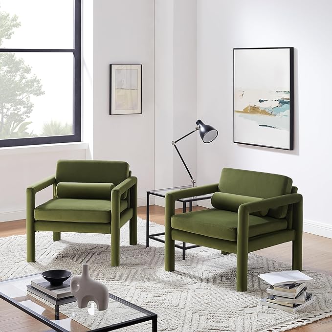 Art Leon Accent Chairs Set of 2, Modern Velvet Upholstered Arm Chairs, Sofa Chairs Lounge Chairs with Pillow for Living Room Bedroom, Green
