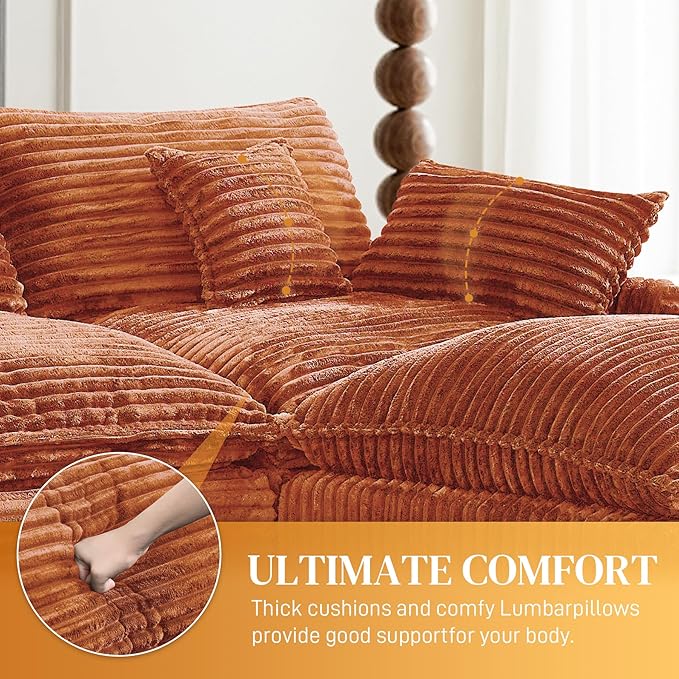HYJT-H&K 145" U Shaped Cloud Couch Modular Orange Sectional Couches for Living Room, Comfy Fluffy Corduroy Oversized Cloud Sectional Couch Large 6 Seat Sectionals Sofa Set Central Console USB Port