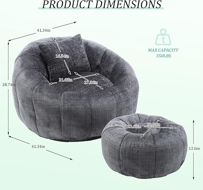 HOMEFLEX Modern Bean Bag Chair for Adults, Comfy Reading Nook Seating with Pillow, Round Chairs with Ottoman, Leisure Single Sofa, Ideal for Living Room, Bedroom, Apartment (Gray)