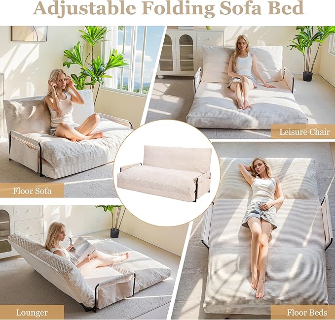 YOSHOOT Lazy Floor Sofa Convertible Bean Bag Sofa Bed Couch, 5-Position Foldable Sleeper Chair with Armrest, Ideal for Reading & Gaming