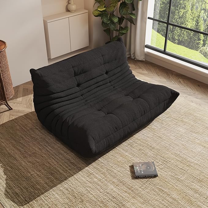 Bean Bag Chair, Oversized Loveseat Fireside Chair for Adults, 2 Seater with Memory Foam Filled, Lazy Sofa Lounge Floor Sofa for Living Room, Bedroom, Office, No Assembly Required. (Black)