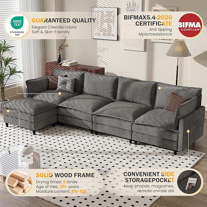 Apicizon 143" Cloud Sofa Sectional, L Shaped Cloud Couch with Side Storage Pocket, Modern Corduroy Sofa Set for Living Room, Office, Grey