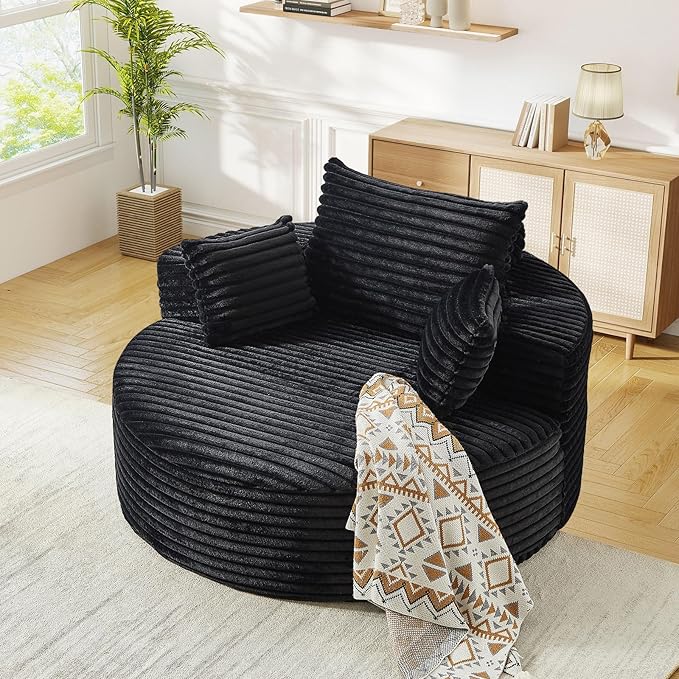 JEEOHEY Modern Round Accent Sofa Chair for Living Room, Upholstered Corduroy Barrel Lounge Arm Chair with Large seat&Throw Pillows for Bedroom, Office, Apartment, Black