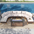 PHI VILLA 7-Piece Half Moon Patio Furniture Set with 56" Fire Pit Table, Outdoor Wicker Sectional Sofa with Cushions, Large Curved Conversation Seating for Garden or Backyard, Beige
