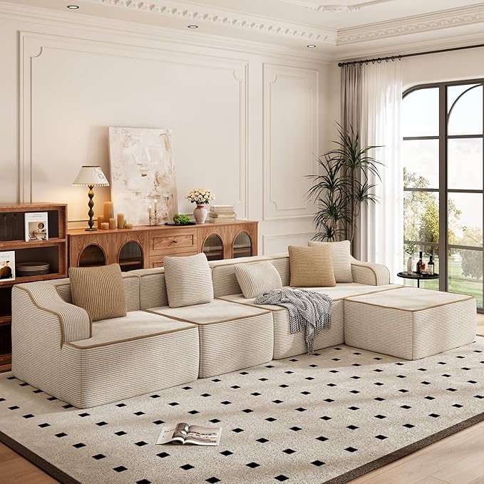 PHI VILLA Cloud Modular Couch Sets, 134" L-Shaped Sectional Sofa with Movable Ottoman, 5-Seater Couches with Deep Seat for Living Room, No Assembly Required, Corduroy, Beige