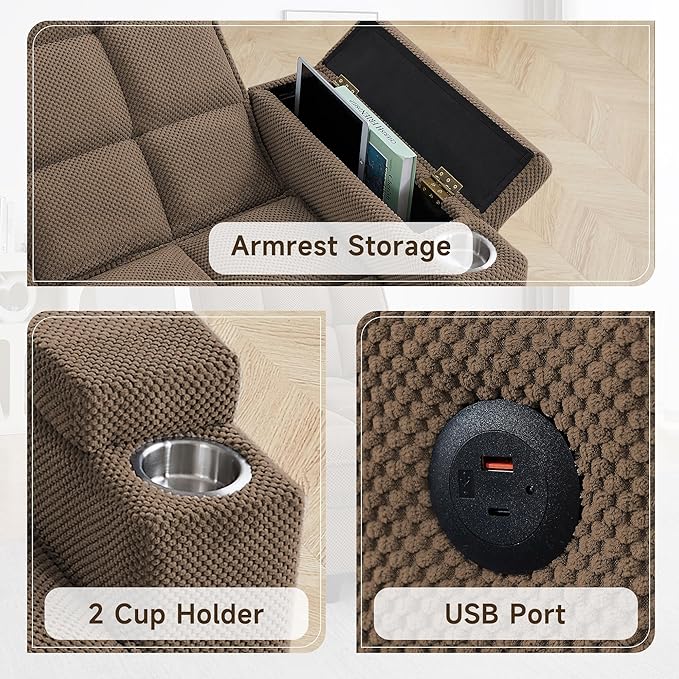 oaaktu Single Modern Comfy Upholstered Chaise Lounge Sofa Chair with Rotating Side Table,Storage,Pillow,USB Charging Ports and Adjustable Backrest Perfect for Living Room, Small Spaces (Coffee)