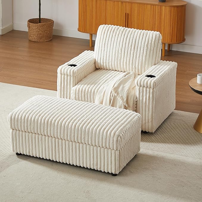 Eafurn 42.5" Oversized Accent Chair with Storage Ottoman Convertible Chaise Lounge, Corduroy Cloud Sofa Chair w/Cupholders, Modern Extra Wide Armchair