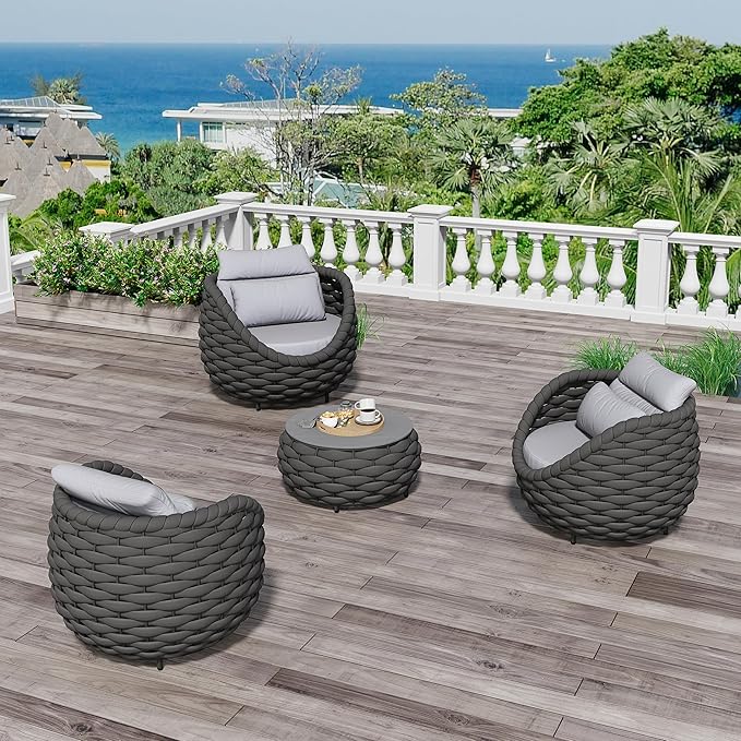 Erotr 4 Pieces Courtyard Seating Set: Aluminum Woven Rope Patio Furniture Chair Set - All Weather Metal Outdoor Conversation Set - Assembled Armchair w/Table for Bistro Deck Porch Balcony Apartment