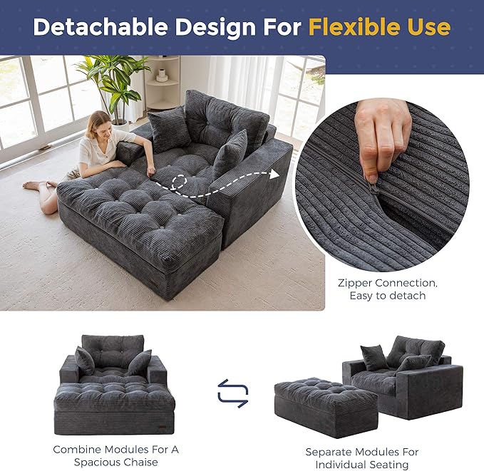 MAXYOYO Oversized Chaise Lounge Sofa, Upholstered Lounge Chair with 3 Pillows, Tufted Boneless Sofa Couch with Ottoman, Deep Seat Sleeper Chair for Living Room, Bedroom, No Assembly, Dark Grey
