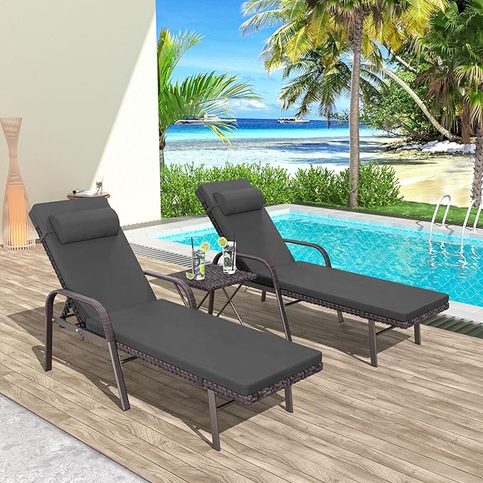 Trumbeak Patio Chaise Lounge Set 3 Pieces Pool Lounge Chairs,Cushioned Outdoor Folding Lounge Chair w/Arm and Rattan Adjustable Backrest for Poolside Porch,Folding Table Included,Grey