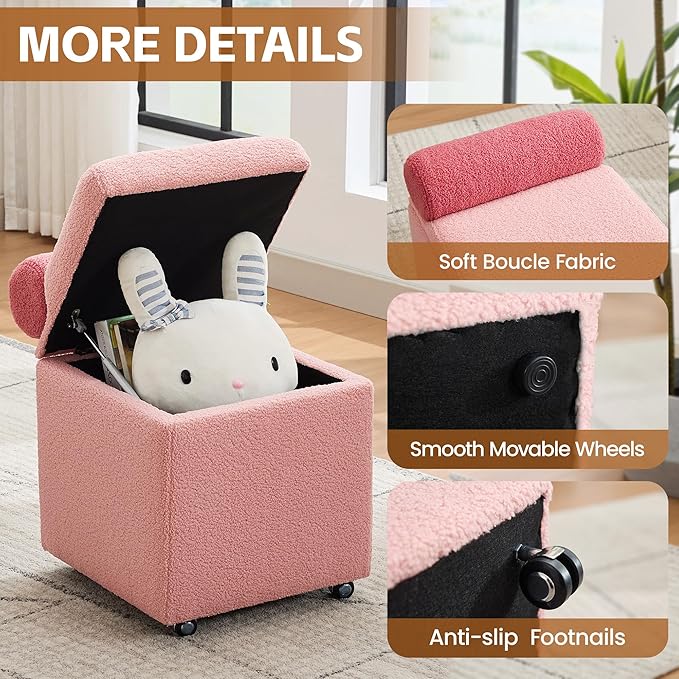 Boucle Vanity Chair with Storage, Swivel Vanity Stool with Safety Hinge, Upholstered Makeup Chair with Wheels, Square Ottoman Stool for Living Room, Dressing, Bedroom, Pink