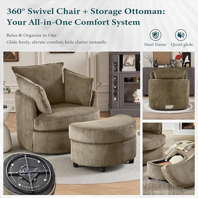Chorlenimi Swivel Accent Chair Round Barrel Armchair Upholstered Living Room Chair Corduroy Reading Chair Single Sofa Chair for Bedroom Apartment Office (Brown, Upgrade 1Seater+ Ottoman)