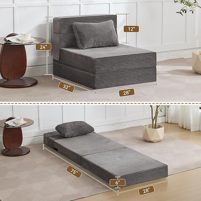 Folding Sofa Bed Convertible Floor Couch Foldable Chair Bed with Pillow，Linen Sleeper Chair Futon,Foldable Memory Foam Mattress for Bedroom/Living Room/Dorm/Office (Corduroy Grey, Single)