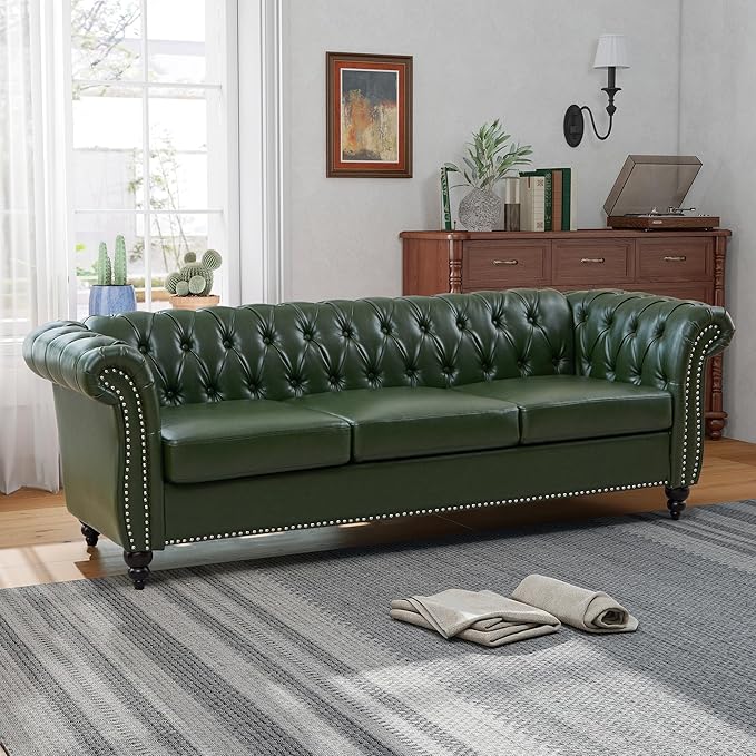 QHITTY Accent Large Sofa, Chesterfield Couch 3 Seater Modern Leather Couch Upholstered Sofa with Tufted Back for Living Room Furniture (Green)