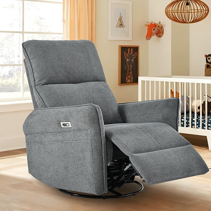 QKFF Power Swivel Rocker Recliner Chair for Nursery, Upholstered Snowflake Velvet 270°Swivel Glider Rocker Chair with USB Ports, Small Power Recliners for Small Spaces Living Room