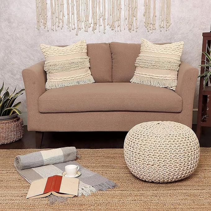 REDEARTH · Round Pouf Ottoman - Cable Knitted Boho Poof - Home Décor Cord Pouffe Handmade Circular Footrest for Living Room - Bedroom - Kids Bedroom - 100% Cotton Pouf (19.5"x19.5"x14") - Natural