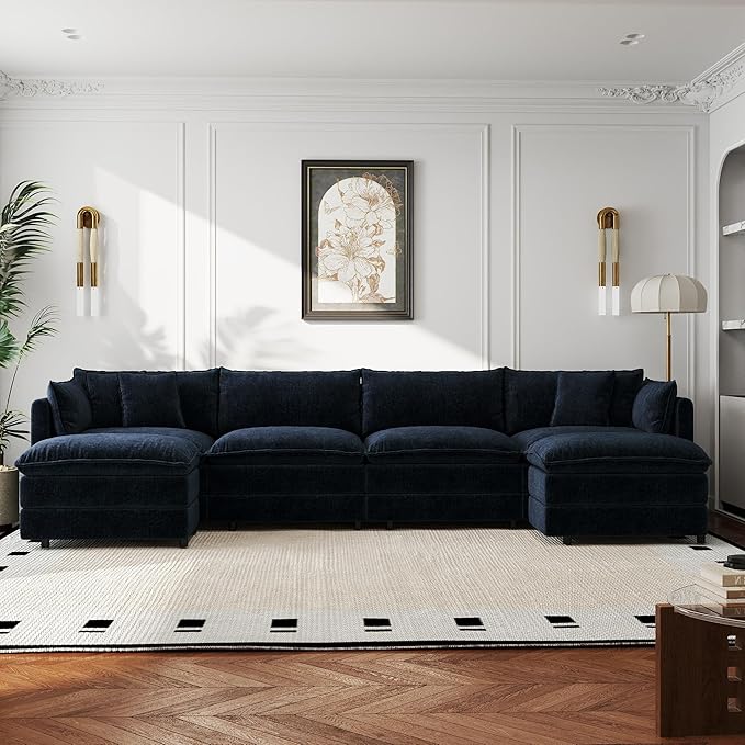 Aoowow Modular Sectional Sofa Modern Convertible U Shaped Couch,147.2 Inch Deep 4-Seater Sofas Set Comfy Chenille Cloud Sofas and Couches with Movable Ottoman for Living Room Apartment（Blue）